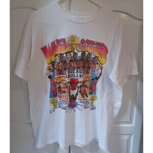 VINTAGE 1993 CHICAGO BULLS SALEM 3-PEAT NBA WORK CHAMPS CARICATURE T-SHIRT LARGE